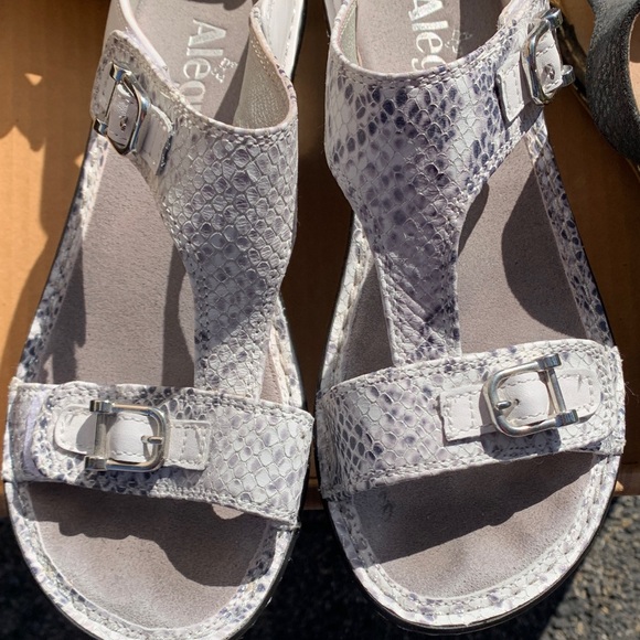 Alegria White and Gray Snake Print Sandals - Picture 1 of 4